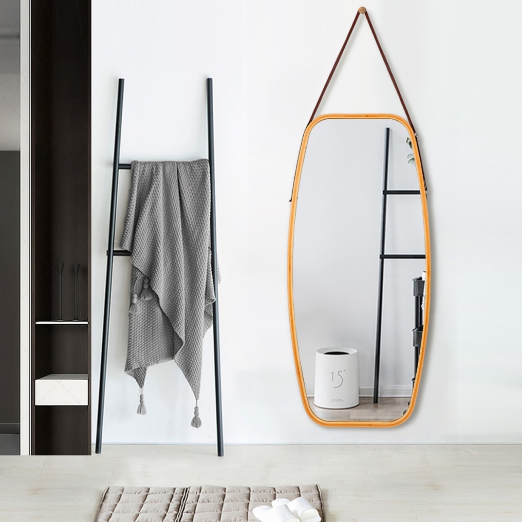 Modern Wall Mirror with Bamboo Frame and Adjustable Leather Strap