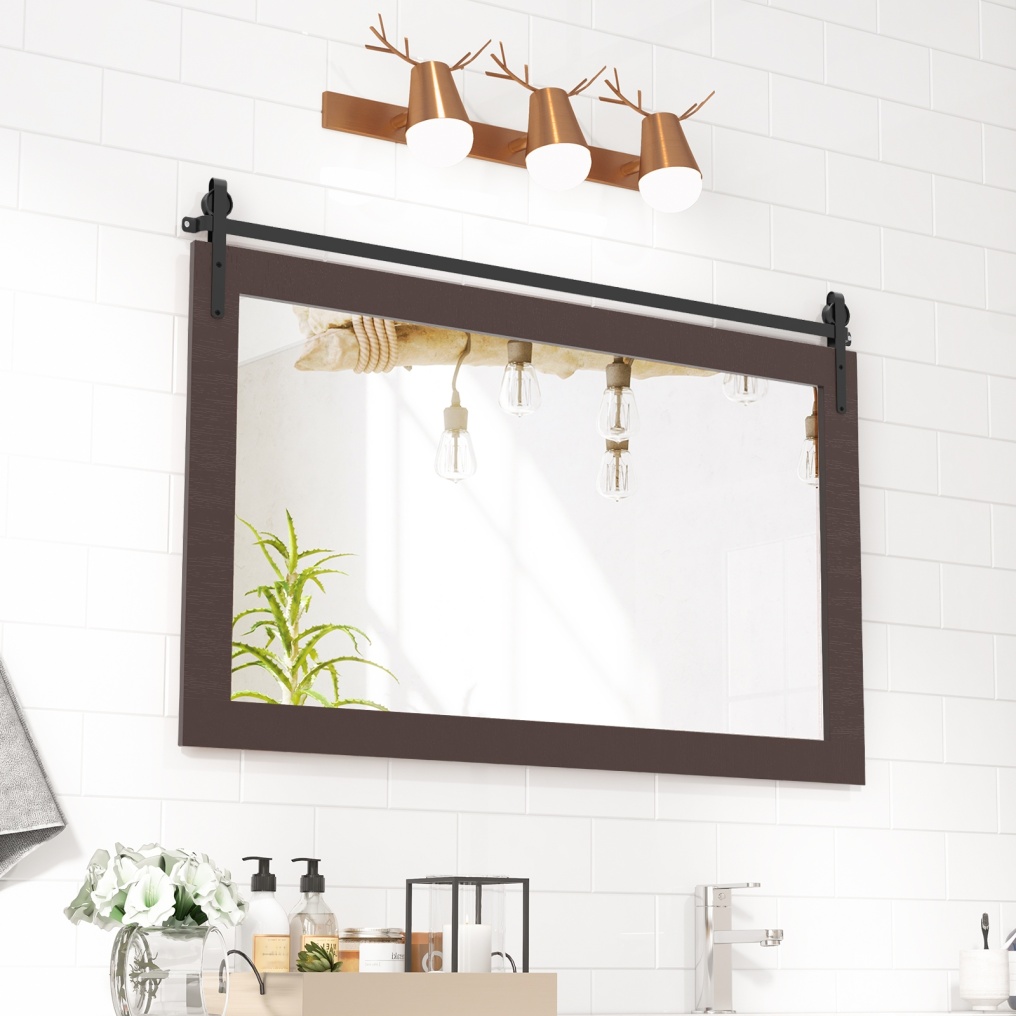 Rectangle Barn Door Style Wall Mounted Mirror with Solid Wood Frame-Walnut