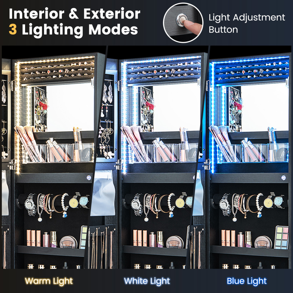 42.5 Inches Lockable Jewelry Mirror Wall Cabinet with 3-Color LED Lights-Black