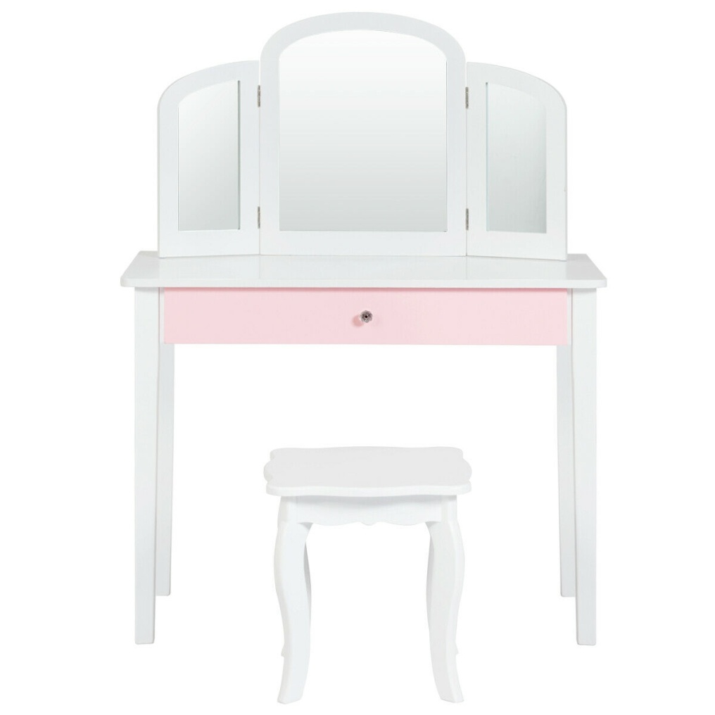Kids Princess Make Up Dressing Table with Tri-folding Mirror and Chair-White