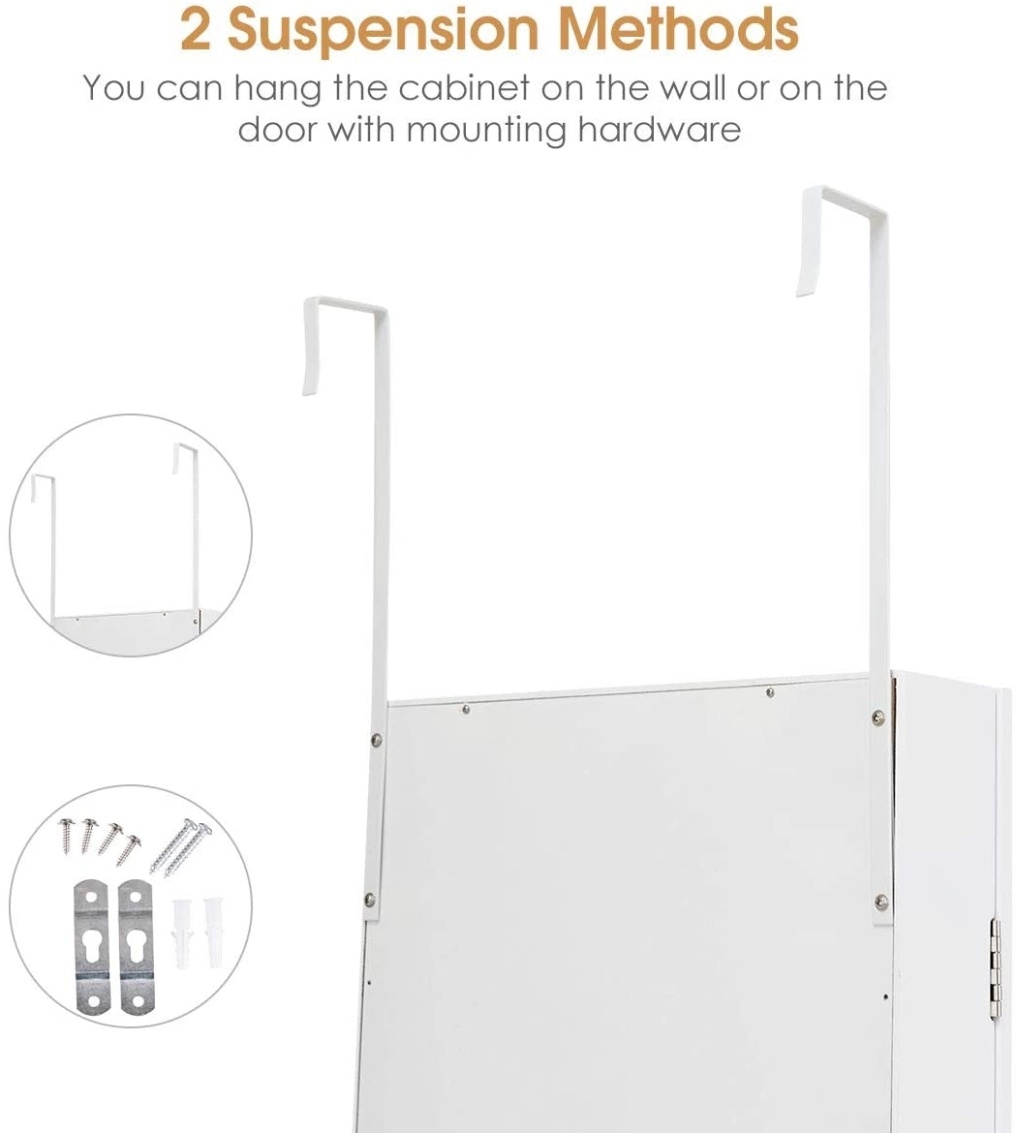 Full Length Mirror Jewelry Cabinet with Ring Slots and Necklace Hooks-White