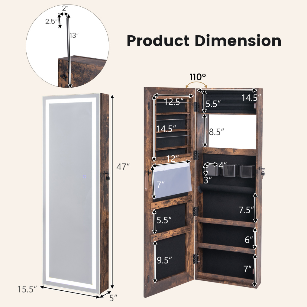 Mirrored Jewelry Armoire with Full Length Mirror and 2 Internal LED Lights-Rustic Brown