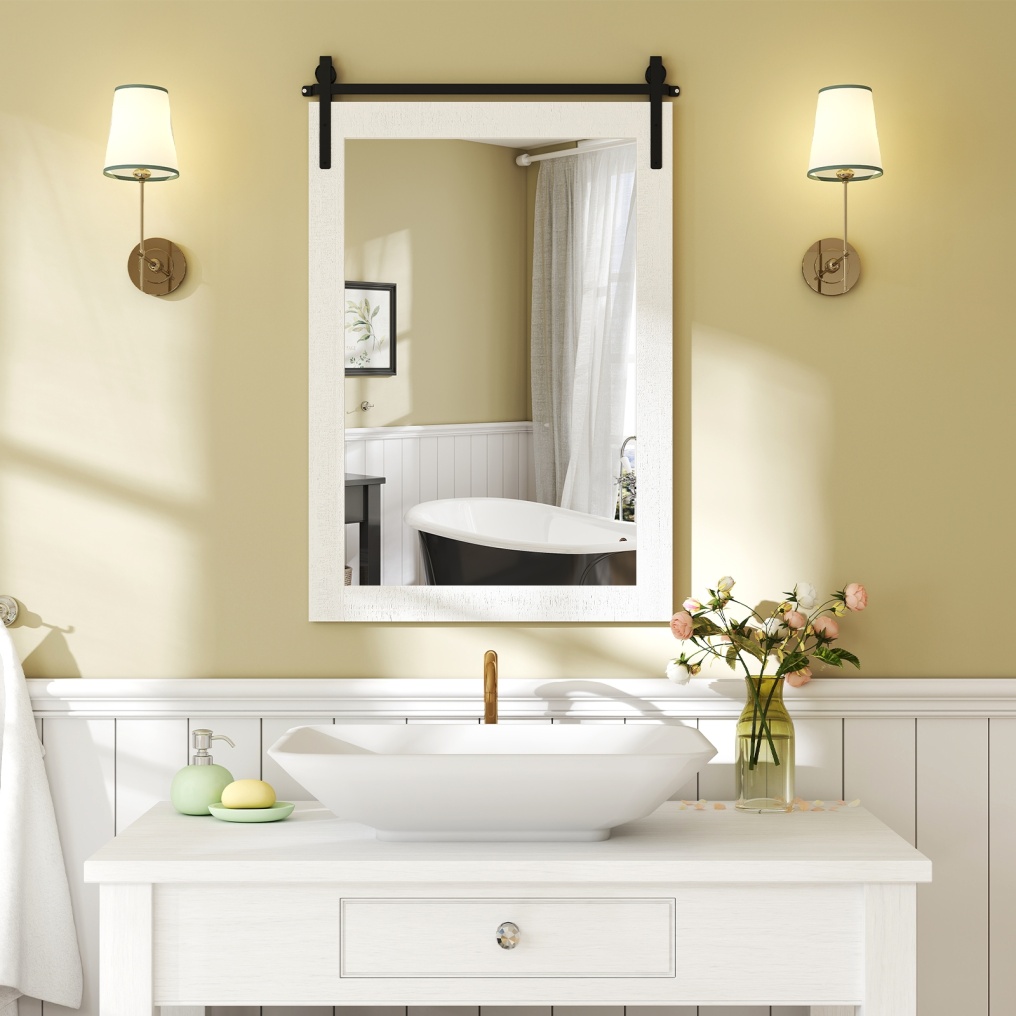 Rustic Wood Frame Barn Door Style Farmhouse Wall Mirror-White