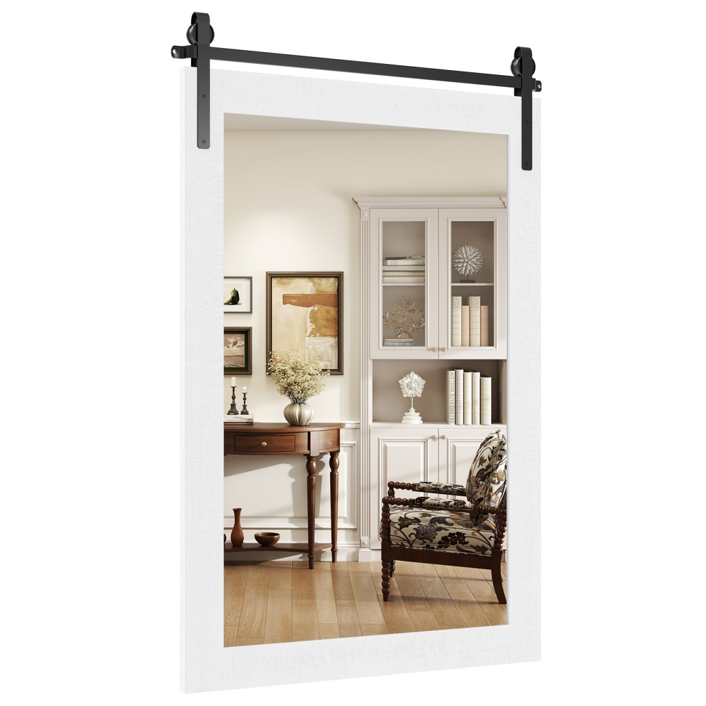Rustic Wood Frame Barn Door Style Farmhouse Wall Mirror-White