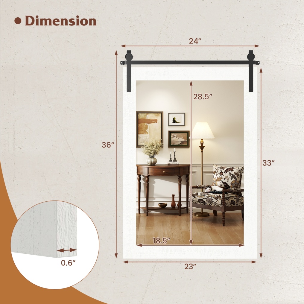 Rustic Wood Frame Barn Door Style Farmhouse Wall Mirror-White