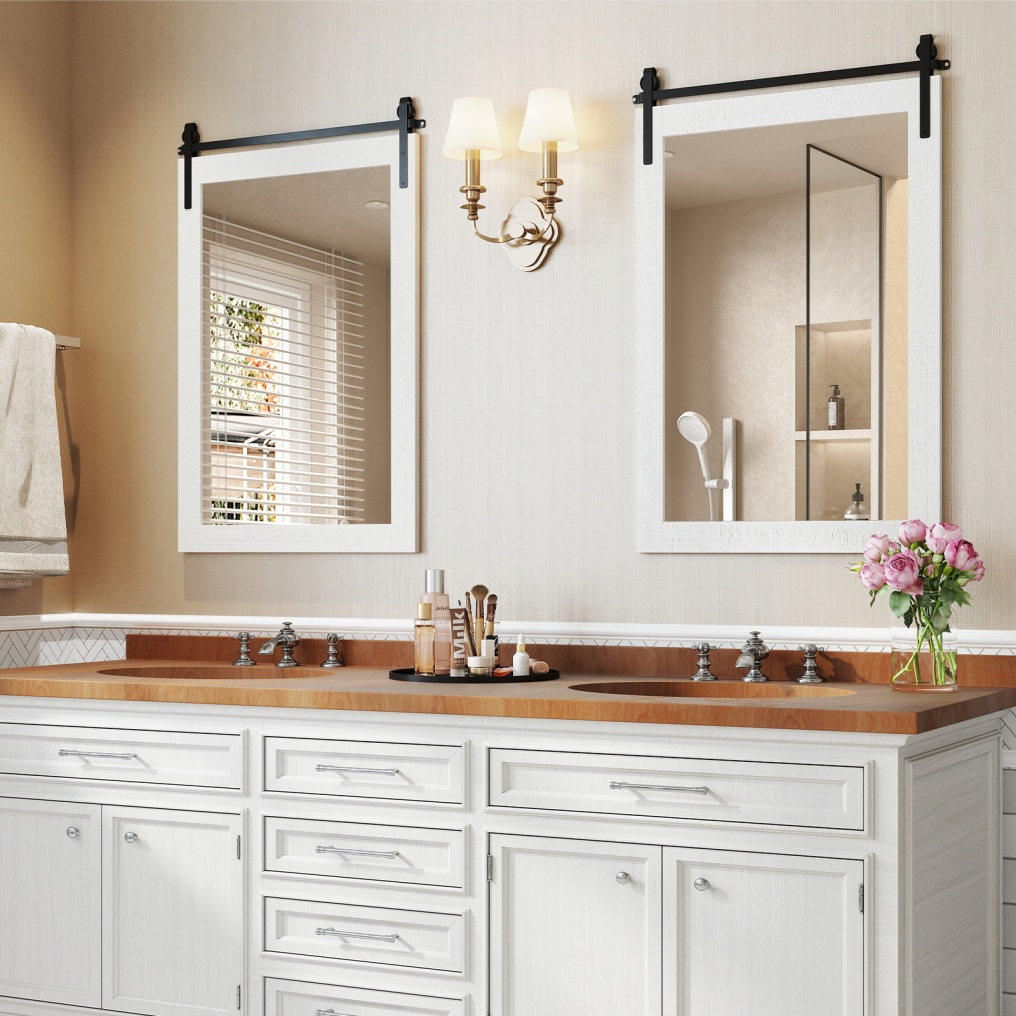 Rustic Wood Frame Barn Door Style Farmhouse Wall Mirror-White